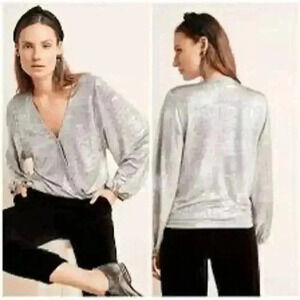 Anthropologie Carys Dolman Metallic Silver Faux Wrap Blouse Top XSP